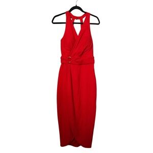 Sienna Red Halter Neck Ruched Waist Draping Midi Dress 0 Classic Cocktail Party